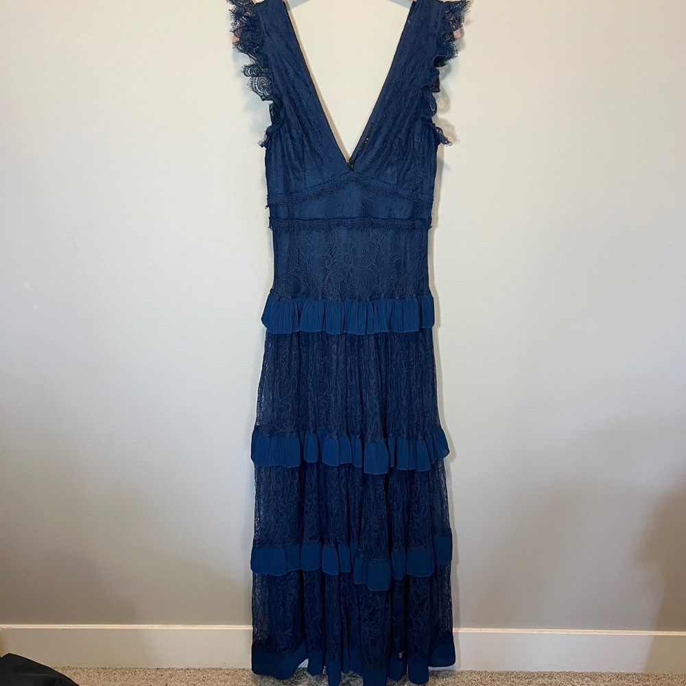 Lulus Navy Blue Lace Tiered Maxi Dress Sleeveless V-Neck Ruffle Gown Medium